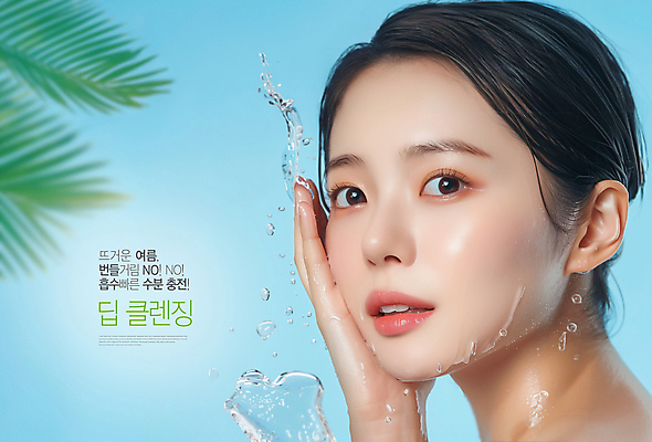 PSD 편집이미지 여자 얼굴 한명 손짓 상반신 성인 뷰티 깨끗함 물방울 세수 수분 튀는물 클렌징 야자수잎 의료성형뷰티 성인여자한명만 수분케어 이미지편집 1 컨셉 잎 모션 관리 사람 신체부위 청결 액체표현 스플래쉬 여자한명만 성인여자만 파일형식
