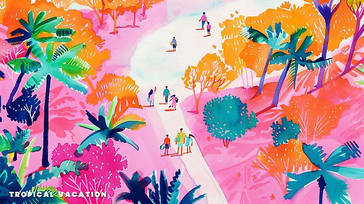 전신 PSD 여자 남자 길 어린이 분홍색 백그라운드 일러스트 가족 휴식 수채화 풍경 여러명 성인 여름 여름휴가 야자수 여행객 숲 감성 몬스테라 성인만 트로피컬아트 국내일러스트 나무 식물 계절 컬러 다수 컨셉 관계 휴가 사람 그림 파일형식 여름_계절