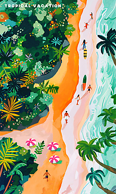 전신 PSD 여자 남자 수영복 백그라운드 일러스트 휴식 수채화 풍경 여러명 성인 해변 초록색 여름 여름휴가 야자수 서핑 해수욕장 감성 몬스테라 성인만 트로피컬아트 국내일러스트 나무 식물 옷 계절 바다 컬러 다수 컨셉 휴가 사람 수상스포츠 그림 파일형식 여름_계절