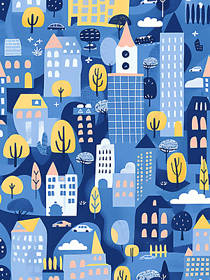 JPG 나무 백그라운드 패턴 그래픽백그라운드 일러스트 자동차 사람없음 건물 파란색 국내일러스트 AI일러스트 AI콘텐츠 식물 건축물 육상교통 컬러 무늬 그래픽 파일형식