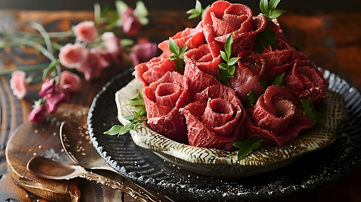 JPG 편집이미지 꽃 백그라운드 꽃무늬 사람없음 장식 소고기 고급 디지털합성 편집소스 편집실사 AI포토 AI콘텐츠 식물 컨셉 무늬 육류 CG 파일형식