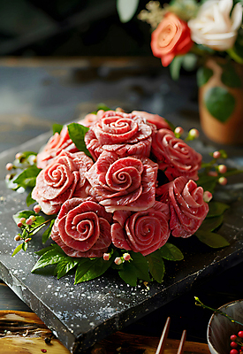 JPG 편집이미지 꽃 백그라운드 꽃무늬 사람없음 장식 소고기 고급 디지털합성 편집소스 편집실사 AI포토 AI콘텐츠 식물 컨셉 무늬 육류 CG 파일형식