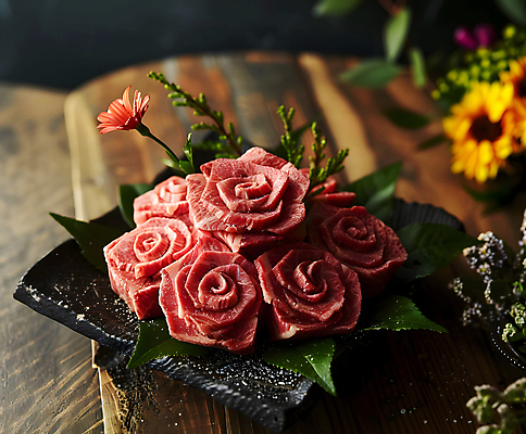 JPG 편집이미지 꽃 백그라운드 꽃무늬 사람없음 장식 소고기 고급 디지털합성 편집소스 편집실사 AI포토 AI콘텐츠 식물 컨셉 무늬 육류 CG 파일형식