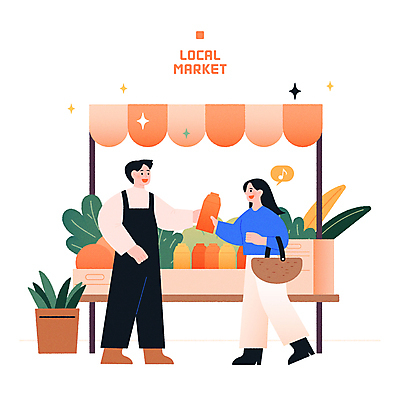 전신 여자 남자 일러스트 대화 들기 성인 두명 쇼핑 상자 주황색 거래 상인 고객 장바구니 가판대 성인만 소상공인 지역사회 국내일러스트 AI파일 직업 컬러 모션 말하기 사람 경제 바구니 파일형식 벡터