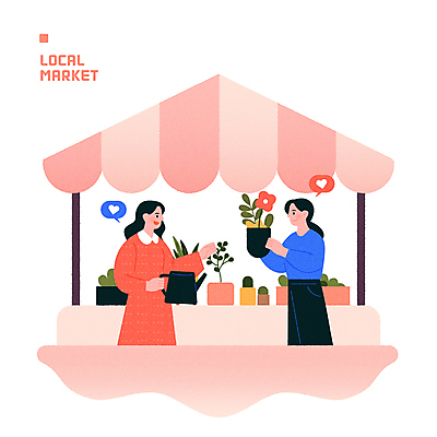 식물 여자 꽃 화분 분홍색 말풍선 일러스트 커뮤니케이션 대화 들기 성인 두명 쇼핑 물뿌리개 하트 소통 가판대 성인여자만 소상공인 지역사회 국내일러스트 AI파일 모양 직업 컬러 컨셉 모션 말하기 사람 경제 상인 여자만 성인만 파일형식 벡터