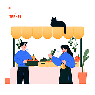 여자 남자 일러스트 커뮤니케이션 대화 들기 성인 두명 파란색 쇼핑 상자 노란색 고양이 가리킴 소통 가판대 성인만 소상공인 지역사회 국내일러스트 AI파일 직업 컬러 컨셉 포유류 모션 말하기 사람 손짓 경제 반려동물 상인 파일형식 벡터