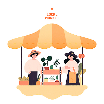식물 여자 남자 꽃 화분 일러스트 커뮤니케이션 대화 들기 성인 두명 쇼핑 노란색 장바구니 소통 가판대 성인만 소상공인 지역사회 국내일러스트 AI파일 직업 컬러 컨셉 모션 말하기 사람 경제 바구니 상인 파일형식 벡터