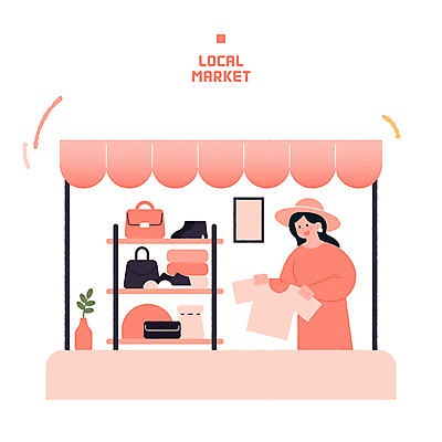 모자 옷 여자 구두 분홍색 신발 가방 일러스트 한명 들기 성인 쇼핑 가판대 성인여자한명만 소상공인 지역사회 국내일러스트 AI파일 직업 1 잡화 컬러 모션 사람 경제 상인 여자한명만 성인여자만 파일형식 벡터