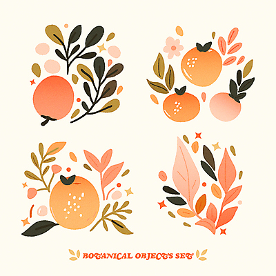 식물 꽃 스티커 과일 일러스트 나뭇잎 사람없음 장식 주황색 봄 국내일러스트 AI파일 계절 컬러 잎 파일형식 벡터