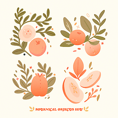 식물 스티커 과일 일러스트 나뭇잎 사람없음 장식 주황색 봄 국내일러스트 AI파일 계절 컬러 잎 파일형식 벡터