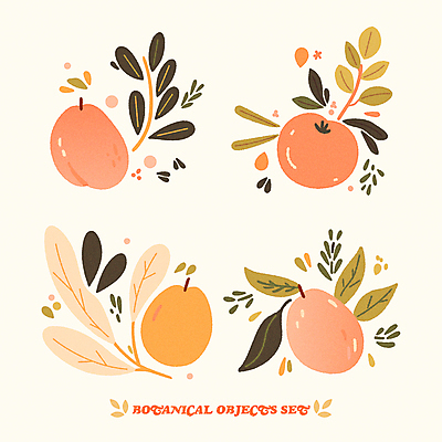 식물 스티커 과일 일러스트 나뭇잎 사람없음 장식 주황색 봄 국내일러스트 AI파일 계절 컬러 잎 파일형식 벡터