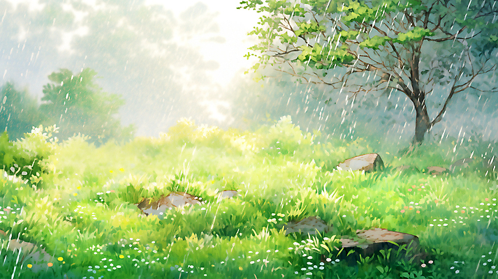 JPG 나무 꽃 백그라운드 일러스트 풍경 잔디 사람없음 초록색 여름 햇빛 여름풍경 봄풍경 봄 봄비 숲 국내일러스트 AI일러스트 AI콘텐츠 식물 계절 컬러 태양 비_날씨 파일형식 여름_계절