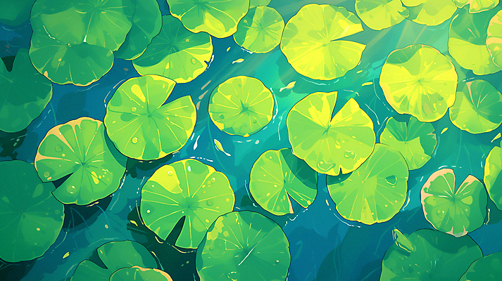 JPG 백그라운드 일러스트 풍경 사람없음 연두색 물 여름 파란색 봄 연못 연잎 국내일러스트 AI일러스트 AI콘텐츠 자연요소 계절 컬러 잎 초록색 파일형식