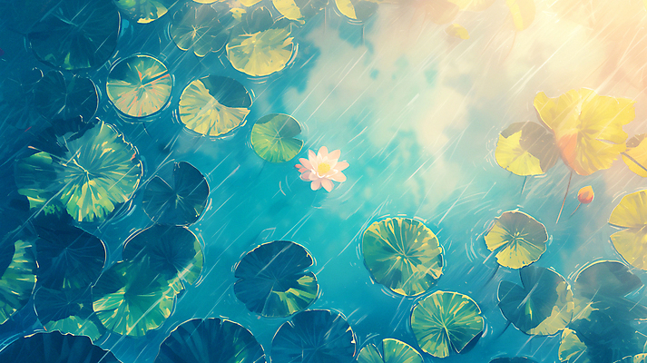 JPG 백그라운드 일러스트 연꽃 풍경 사람없음 물 여름 파란색 봄 연못 연잎 국내일러스트 AI일러스트 AI콘텐츠 자연요소 계절 꽃 컬러 잎 파일형식