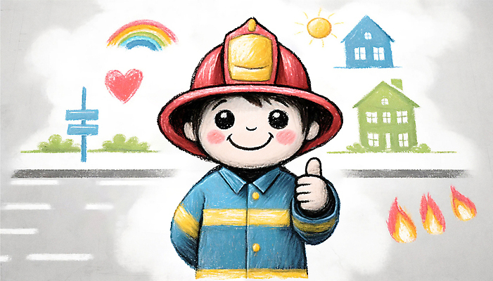 PSD 남자 어린이 무지개 일러스트 불꽃 주택 한명 웃음 소년 태양 최고 소방관 감사 희생 소년한명만 국내일러스트 자연요소 1 감정 불 표정 사람 건물 구조원 소방 남자한명만 소년만 파일형식