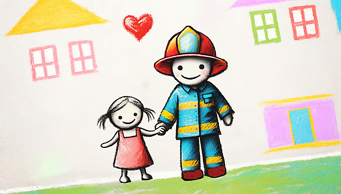 전신 PSD 여자 남자 어린이 일러스트 웃음 소녀 성인 두명 손잡기 소방관 감사 존경 국내일러스트 감정 모션 표정 사람 구조원 소방 파일형식