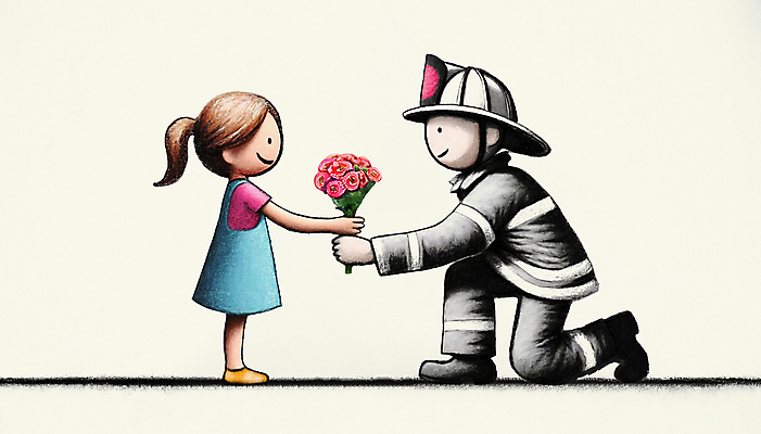 전신 PSD 여자 남자 어린이 꽃다발 일러스트 선물 미소 소녀 성인 두명 소방관 주기 감사 획득 무릎구부리기 존경 국내일러스트 꽃 감정 포즈 모션 표정 사람 구조원 소방 파일형식