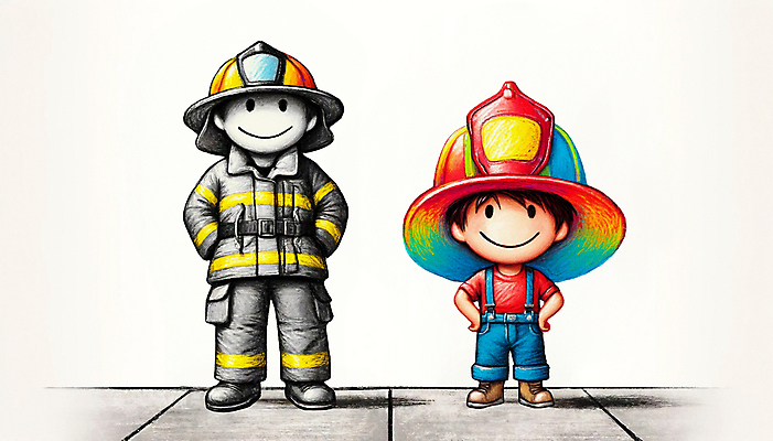 전신 PSD 남자 어린이 허리손 일러스트 서기 미소 소년 성인 두명 희망 꿈 소방관 남자만 국내일러스트 감정 포즈 모션 표정 사람 구조원 소방 파일형식