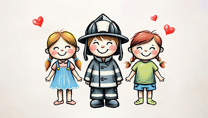 전신 PSD 여자 남자 어린이 일러스트 서기 미소 웃음 소녀 성인 세명 하트 소방관 감사 국내일러스트 모양 감정 모션 표정 사람 구조원 소방 파일형식