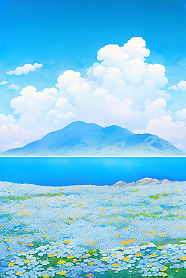 JPG 구름 바다 섬 꽃밭 일러스트 하늘 풍경 사람없음 여름 파란색 여름풍경 국내일러스트 AI일러스트 AI콘텐츠 자연요소 계절 꽃 컬러 파일형식 여름_계절