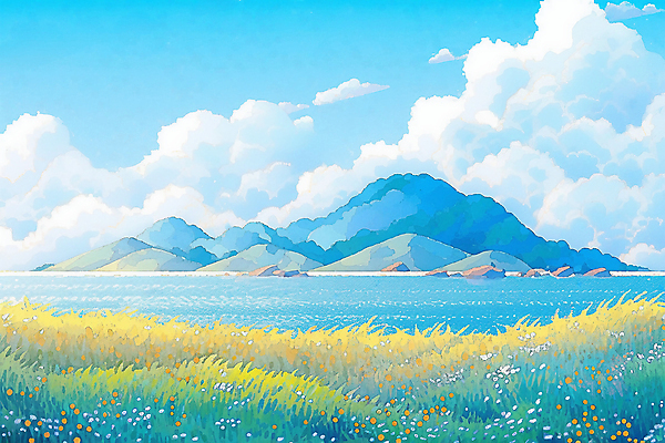 JPG 구름 바다 섬 꽃밭 일러스트 하늘 풍경 사람없음 여름 파란색 여름풍경 국내일러스트 AI일러스트 AI콘텐츠 자연요소 계절 꽃 컬러 파일형식 여름_계절