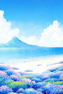 JPG 구름 바다 섬 꽃밭 일러스트 하늘 풍경 사람없음 여름 파란색 여름풍경 국내일러스트 AI일러스트 AI콘텐츠 자연요소 계절 꽃 컬러 파일형식 여름_계절