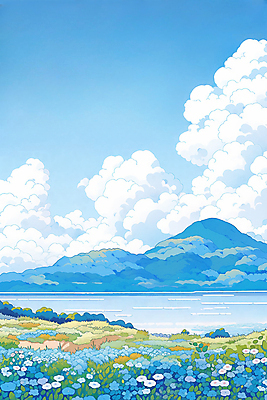 JPG 구름 바다 섬 꽃밭 일러스트 하늘 풍경 사람없음 여름 파란색 여름풍경 국내일러스트 AI일러스트 AI콘텐츠 자연요소 계절 꽃 컬러 파일형식 여름_계절