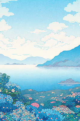 JPG 구름 바다 섬 꽃밭 일러스트 하늘 풍경 사람없음 여름 파란색 여름풍경 국내일러스트 AI일러스트 AI콘텐츠 자연요소 계절 꽃 컬러 파일형식 여름_계절