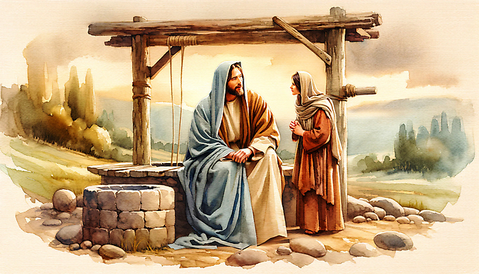 JPG 전신 여자 남자 기독교 일러스트 대화 앉기 성인 두명 성경 예수 성경이야기 우물 사마리아여인 사마리아인 성인만 국내일러스트 AI일러스트 AI콘텐츠 종교 종교용품 모션 말하기 이야기 사람 신_종교 파일형식