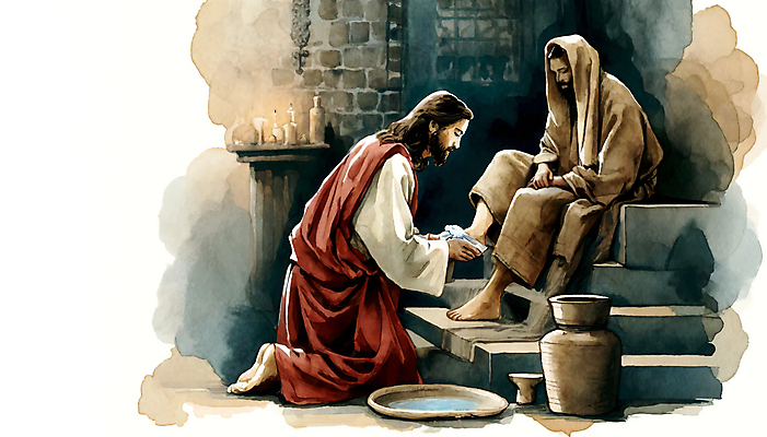 JPG 전신 남자 기독교 종교 일러스트 앉기 성인 두명 계단 성경 예수 무릎꿇기 성경이야기 제자 발씻기 세족 성인남자만 국내일러스트 AI일러스트 AI콘텐츠 종교용품 모션 이야기 사람 신_종교 남자만 성인만 파일형식