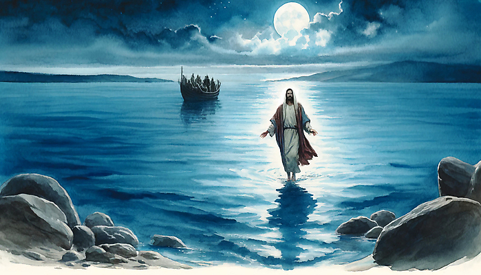 JPG 전신 구름 남자 기독교 종교 바다 일러스트 한명 성인 걷기 성경 달 예수 수면 야간 선박 성인남자한명만 국내일러스트 AI일러스트 AI콘텐츠 자연요소 1 수상교통 종교용품 모션 사람 물 신_종교 남자한명만 성인남자만 파일형식