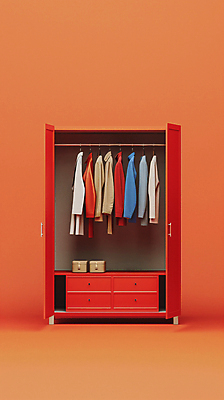 JPG 편집이미지 옷 패션 컬러 셔츠 사람없음 빨간색 오픈 장롱 디지털합성 걸림 편집실사 AI포토 AI콘텐츠 가구 상의 모션 CG 파일형식