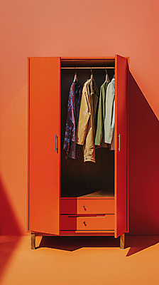 JPG 편집이미지 옷 패션 컬러 셔츠 사람없음 주황색 외투 오픈 장롱 디지털합성 걸림 편집실사 AI포토 AI콘텐츠 가구 상의 모션 CG 파일형식