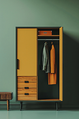 JPG 편집이미지 옷 패션 컬러 사람없음 초록색 노란색 오픈 장롱 디지털합성 편집실사 AI포토 AI콘텐츠 가구 CG 파일형식