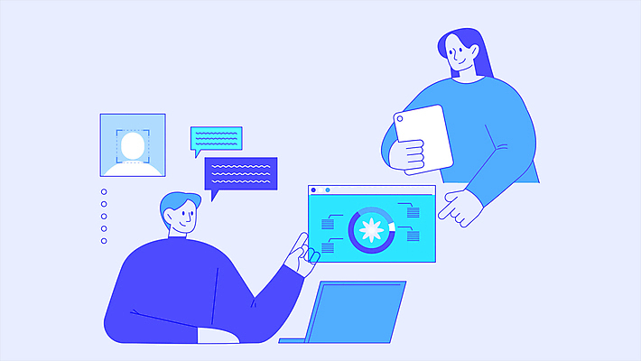여자 남자 말풍선 비즈니스 그래프 사람모양 정보기술 미소 들기 성인 두명 앞모습 파란색 노트북 태블릿 가리킴 메시지 문서 폴더 인터넷창 개인정보 성인만 빅데이터 모션그래픽 MP4 MOV 모양 뷰포인트 컬러 인터넷 모션 기술 표정 사람 손짓 전자제품 스마트기기 정보 파일 동영상 파일형식 4차산업