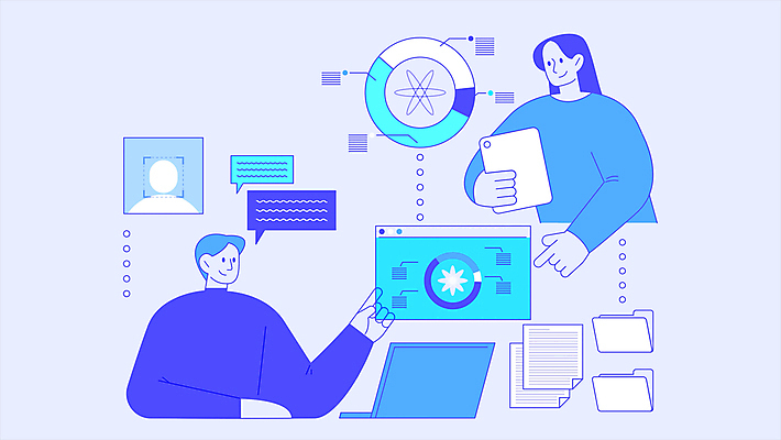 여자 남자 말풍선 비즈니스 그래프 사람모양 정보기술 미소 들기 성인 두명 앞모습 파란색 노트북 태블릿 가리킴 메시지 문서 폴더 인터넷창 개인정보 성인만 빅데이터 모션그래픽 MP4 MOV 모양 뷰포인트 컬러 인터넷 모션 기술 표정 사람 손짓 전자제품 스마트기기 정보 파일 동영상 파일형식 4차산업