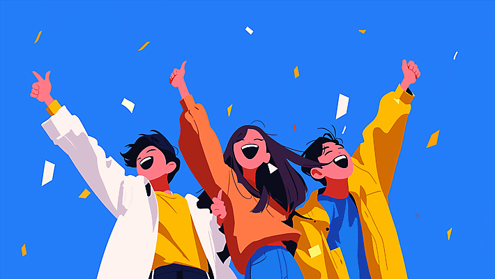 여자 남자 미소 웃음 성인 앞모습 캐주얼 세명 파란색 청춘 파티 손들기 파이팅 만세 꽃가루 성인만 모션그래픽 MP4 MOV 옷 뷰포인트 컬러 컨셉 모션 표정 사람 이벤트 가루 동영상 파일형식