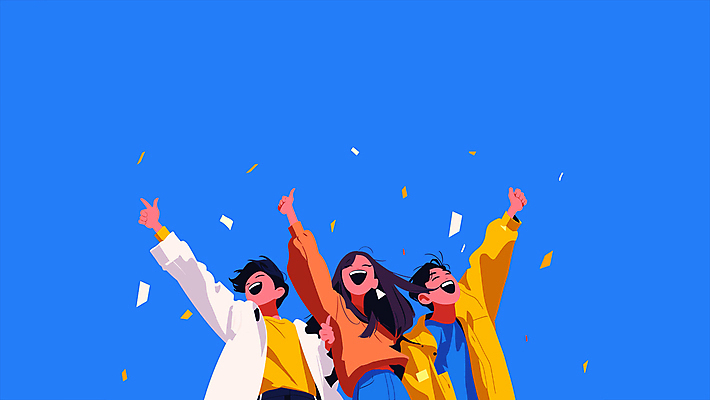 여자 남자 미소 웃음 성인 앞모습 캐주얼 세명 파란색 청춘 파티 손들기 파이팅 만세 꽃가루 성인만 모션그래픽 MP4 MOV 옷 뷰포인트 컬러 컨셉 모션 표정 사람 이벤트 가루 동영상 파일형식