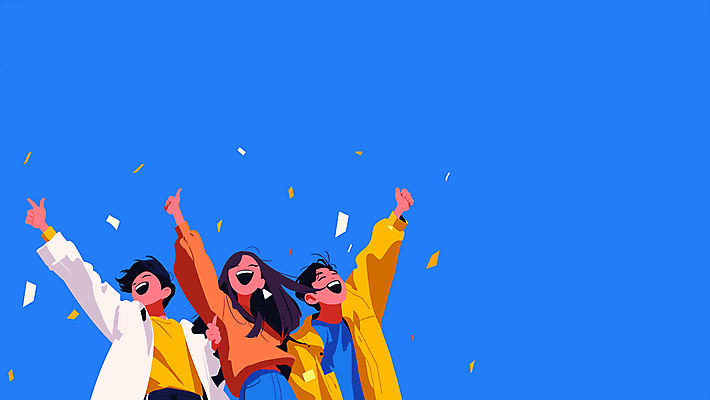 여자 남자 미소 웃음 성인 앞모습 캐주얼 세명 파란색 청춘 파티 손들기 파이팅 만세 꽃가루 성인만 모션그래픽 MP4 MOV 옷 뷰포인트 컬러 컨셉 모션 표정 사람 이벤트 가루 동영상 파일형식