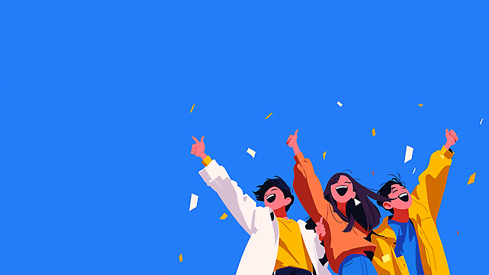 여자 남자 미소 웃음 성인 앞모습 캐주얼 세명 파란색 청춘 파티 손들기 파이팅 만세 꽃가루 성인만 모션그래픽 MP4 MOV 옷 뷰포인트 컬러 컨셉 모션 표정 사람 이벤트 가루 동영상 파일형식