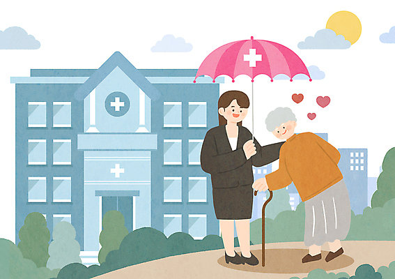 전신 PSD 여자 노년 일러스트 우산 지팡이 병원 성인 두명 하트 잡기 언덕 풀숲 치매 여자만 치매보험 국내일러스트 모양 의학 모션 사람 질병 숲 보험 파일형식