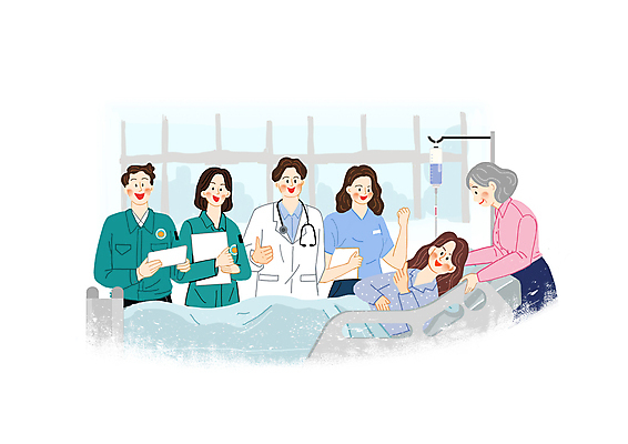 PSD 여자 노년 남자 일러스트 함께함 미소 여러명 성인 눕기 파이팅 환자 간호사 의사 링거 따봉 간병인 병원침대 정부 성인만 국내일러스트 직업 다수 컨셉 의학 의료기기 모션 표정 사람 의료진 침대 최고 파일형식