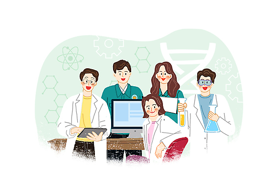 PSD 여자 남자 의자 일러스트 고글 함께함 실험 미소 들기 앉기 여러명 상반신 성인 태블릿 모니터 실험복 과학자 삼각플라스크 정부 성인만 국내일러스트 직업 과학 가구 다수 컨셉 모션 표정 사람 전자제품 스마트기기 컴퓨터 가운 플라스크 학자 파일형식