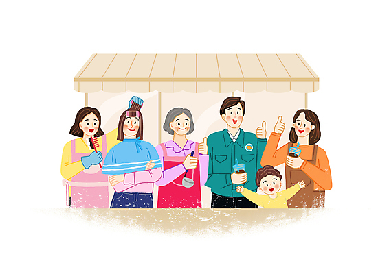 여자 노년 남자 어린이 일러스트 함께함 미소 들기 소년 여러명 상반신 성인 만세 고객 국자 따봉 베이지색 정부 소상공인 국내일러스트 직업 컬러 다수 컨셉 모션 주방용품 표정 사람 경제 최고 상인