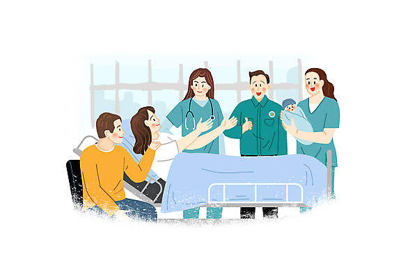 PSD 부부 여자 남자 일러스트 창문 안기 함께함 미소 소녀 소년 여러명 상반신 성인 눕기 간호사 의사 아기 출산 손내밀기 수술복 따봉 병원침대 산부인과의사 국내일러스트 커플 어린이 다수 컨셉 모션 표정 사람 손짓 의료진 침대 최고 가운 파일형식