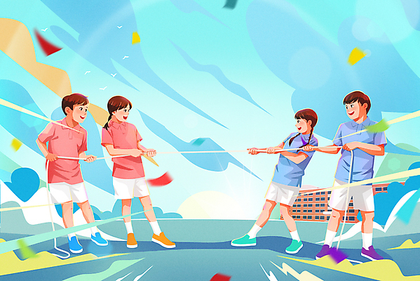 전신 PSD 구름 여자 남자 어린이 일러스트 학교 하늘 미소 소녀 소년 여러명 야외 햇빛 경쟁 당기기 줄다리기 꽃가루 어린이만 국내일러스트 자연요소 교육 다수 컨셉 모션 놀이 표정 사람 태양 가루 파일형식