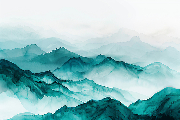 JPG 일러스트 자연 붓터치 수채화 풍경 사람없음 오리엔탈 산등성이 번짐 청록색 운해 산맥 국내일러스트 AI일러스트 AI콘텐츠 컬러 산 생태계 파일형식 효과 구름_자연