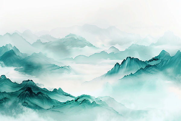 JPG 일러스트 자연 붓터치 수채화 풍경 사람없음 오리엔탈 산등성이 번짐 청록색 운해 산맥 국내일러스트 AI일러스트 AI콘텐츠 컬러 산 생태계 파일형식 효과 구름_자연