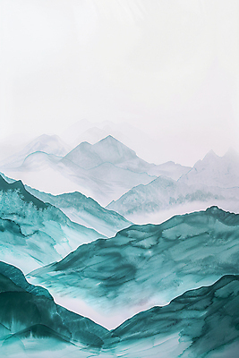 JPG 일러스트 자연 붓터치 수채화 풍경 사람없음 오리엔탈 산등성이 번짐 청록색 운해 산맥 국내일러스트 AI일러스트 AI콘텐츠 컬러 산 생태계 파일형식 효과 구름_자연