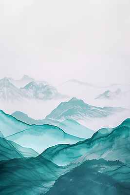 JPG 일러스트 자연 붓터치 수채화 풍경 사람없음 오리엔탈 산등성이 번짐 청록색 운해 산맥 국내일러스트 AI일러스트 AI콘텐츠 컬러 산 생태계 파일형식 효과 구름_자연